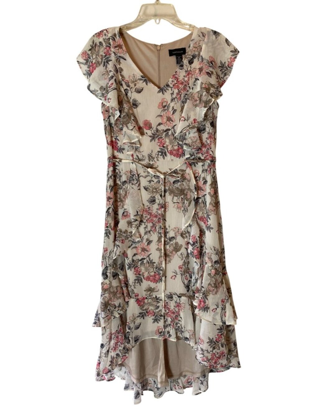 R&M Richards Floral Hi-Low Ruffle Dress Beige Pink Floral Size 10
